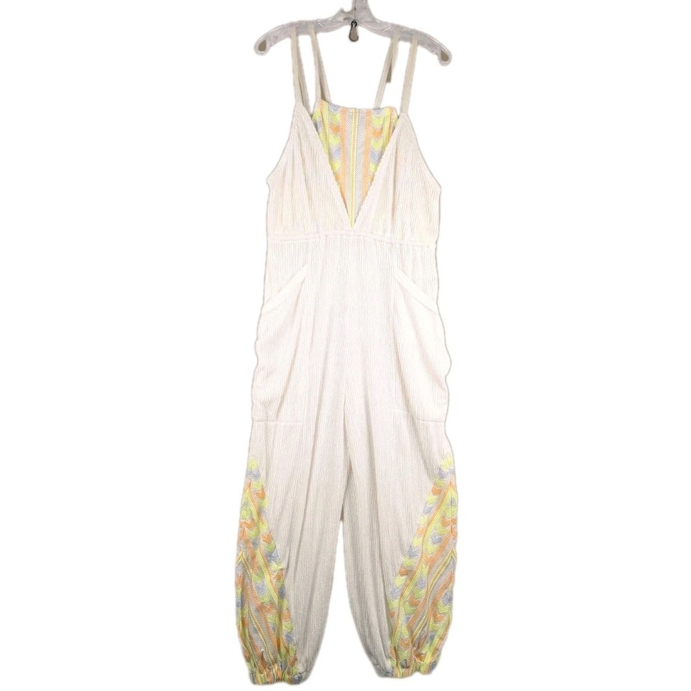 Free People Movement Morning Rise Jumpsuit Medium White Yellow Ribbed Yoga Beach